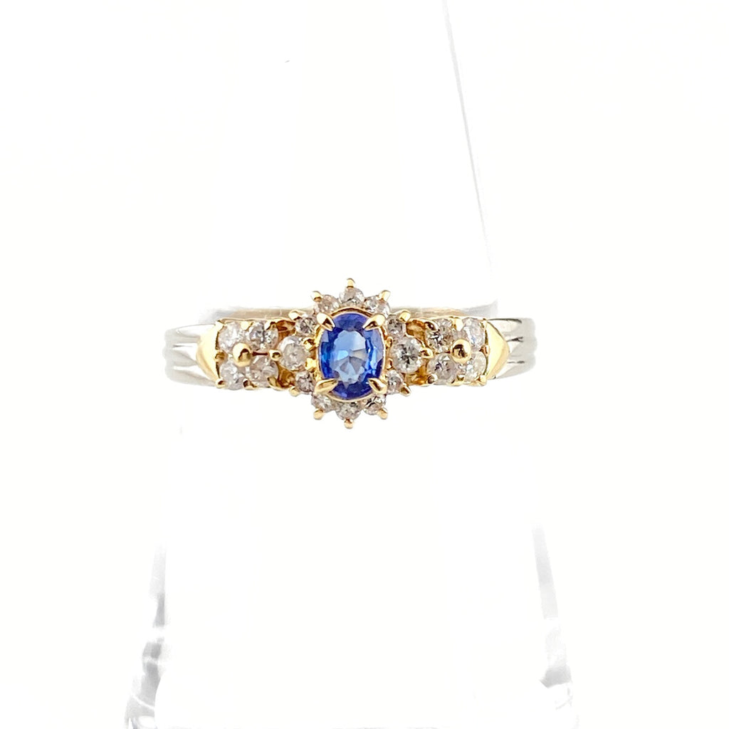 サファイア デザインリング YG イエローゴールド プラチナ 指輪 メレダイヤ リング 14号 K18 Pt900 サファイア レディース 【中古】nbjwl