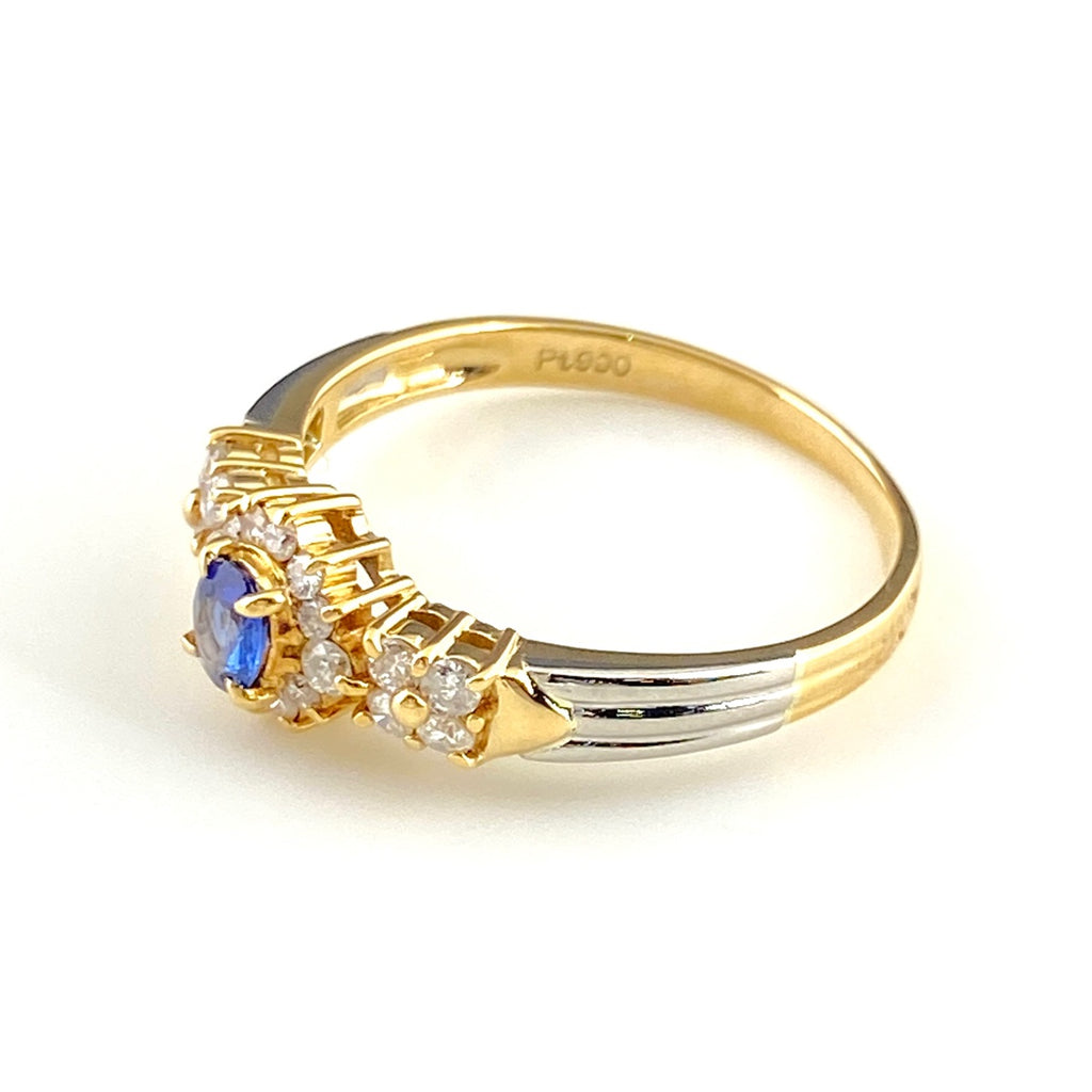 サファイア デザインリング YG イエローゴールド プラチナ 指輪 メレダイヤ リング 14号 K18 Pt900 サファイア レディース 【中古】nbjwl