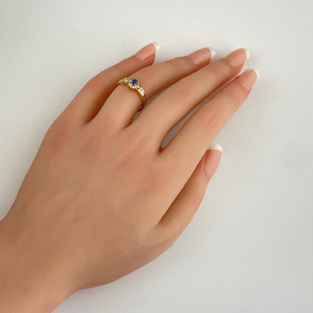 サファイア デザインリング YG イエローゴールド プラチナ 指輪 メレダイヤ リング 14号 K18 Pt900 サファイア レディース 【中古】nbjwl