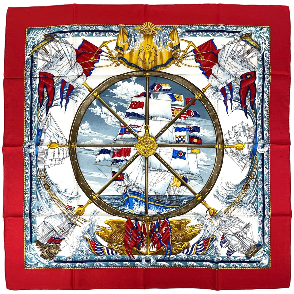 エルメス カレ 90 vive le vent 風よ吹け スカーフ シルク レッド レディース 【中古】brbag