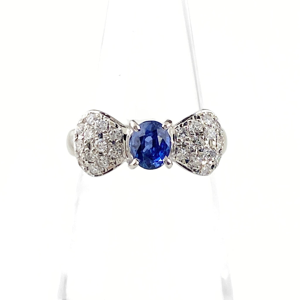 リボンモチーフ デザインリング プラチナ 指輪 メレダイヤ サファイア リング 6.5号 Pt900 サファイア ダイヤモンド レディース 【中古】nbjwl