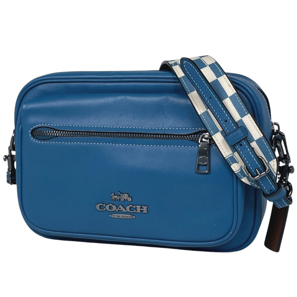 コーチ エリアス クロスボディ チェッカーボードプリント レディース ショルダーバッグ レザー ブルー CR309 メンズ 【中古】brbag