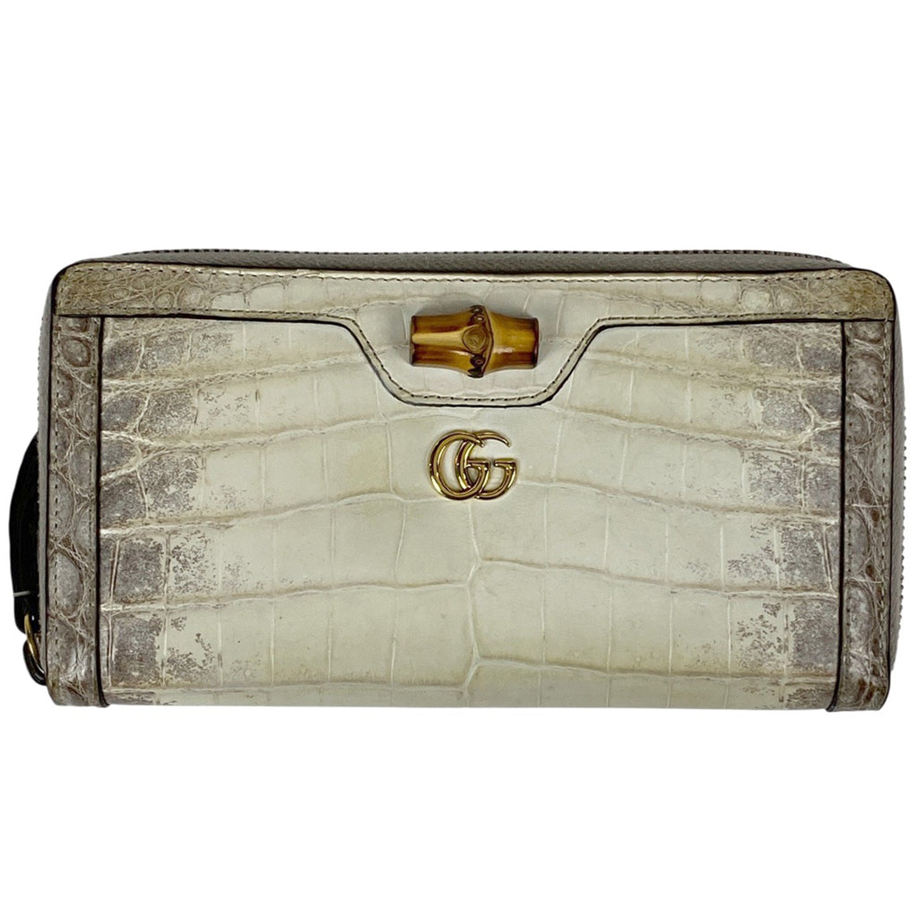 グッチ GGマーモント ラウンドファスナー 長財布 ダブルG ラウンドジップ バンブー 長財布 クロコダイル ホワイト 653634 レディース 【中古】brbag