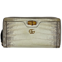 グッチ GGマーモント ラウンドファスナー 長財布 ダブルG ラウンドジップ バンブー 長財布 クロコダイル ホワイト 653634 レディース 【中古】brbag