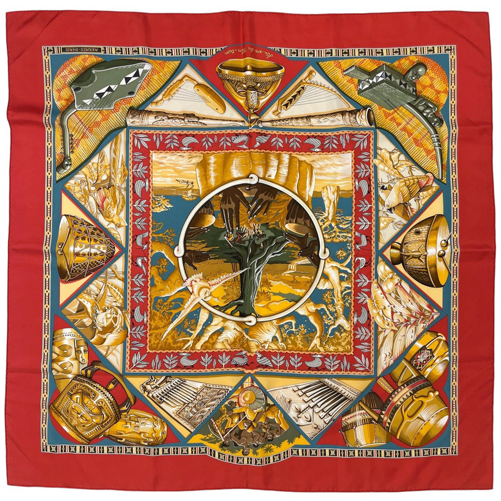 エルメス カレ 90 Au Son du Tam Tam タムタムの音に合わせて スカーフ シルク レッド マルチカラー レディース 【中古】brbag