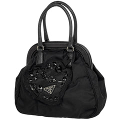 プラダ ロゴプレート ハンドバッグ ビジュー ハート ハンドバッグ ナイロン ネロ(ブラック) レディース 【中古】brbag