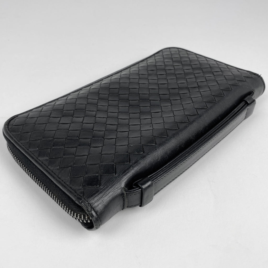 ボッテガヴェネタ イントレチャート ラウンドファスナー 長財布 ハンドバッグ メッシュ ナッパ 長財布 レザー ブラック レディース 【中古】brbag
