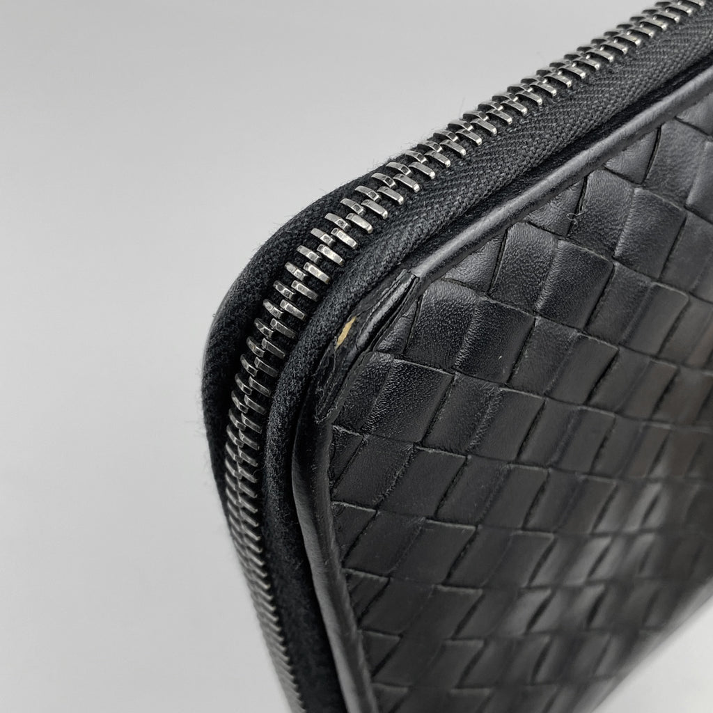 ボッテガヴェネタ イントレチャート ラウンドファスナー 長財布 ハンドバッグ メッシュ ナッパ 長財布 レザー ブラック レディース 【中古】brbag