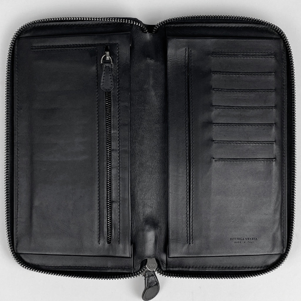 ボッテガヴェネタ イントレチャート ラウンドファスナー 長財布 ハンドバッグ メッシュ ナッパ 長財布 レザー ブラック レディース 【中古】brbag