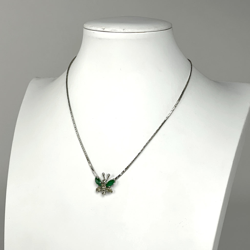 クリスチャンディオール バタフライモチーフ ラインストーン ネックレス 蝶々モチーフ ネックレス シルバーメッキ シルバー グリーン レディース 【中古】bracc