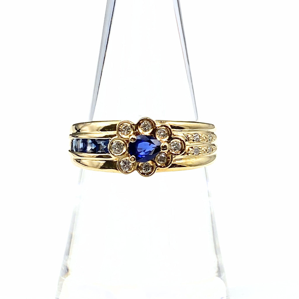 サファイア デザインリング YG イエローゴールド 指輪 メレダイヤ リング 14.5号 K18 サファイア ダイヤモンド レディース 【中古】nbjwl