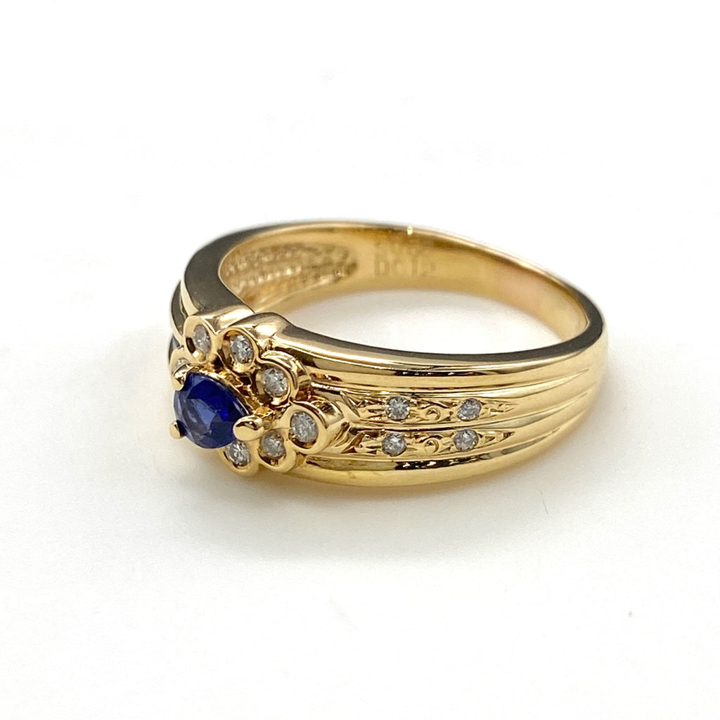 サファイア デザインリング YG イエローゴールド 指輪 メレダイヤ リング 14.5号 K18 サファイア ダイヤモンド レディース 【中古】nbjwl