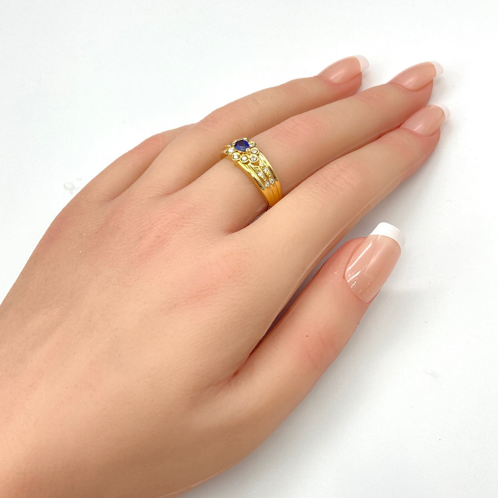 サファイア デザインリング YG イエローゴールド 指輪 メレダイヤ リング 14.5号 K18 サファイア ダイヤモンド レディース 【中古】nbjwl