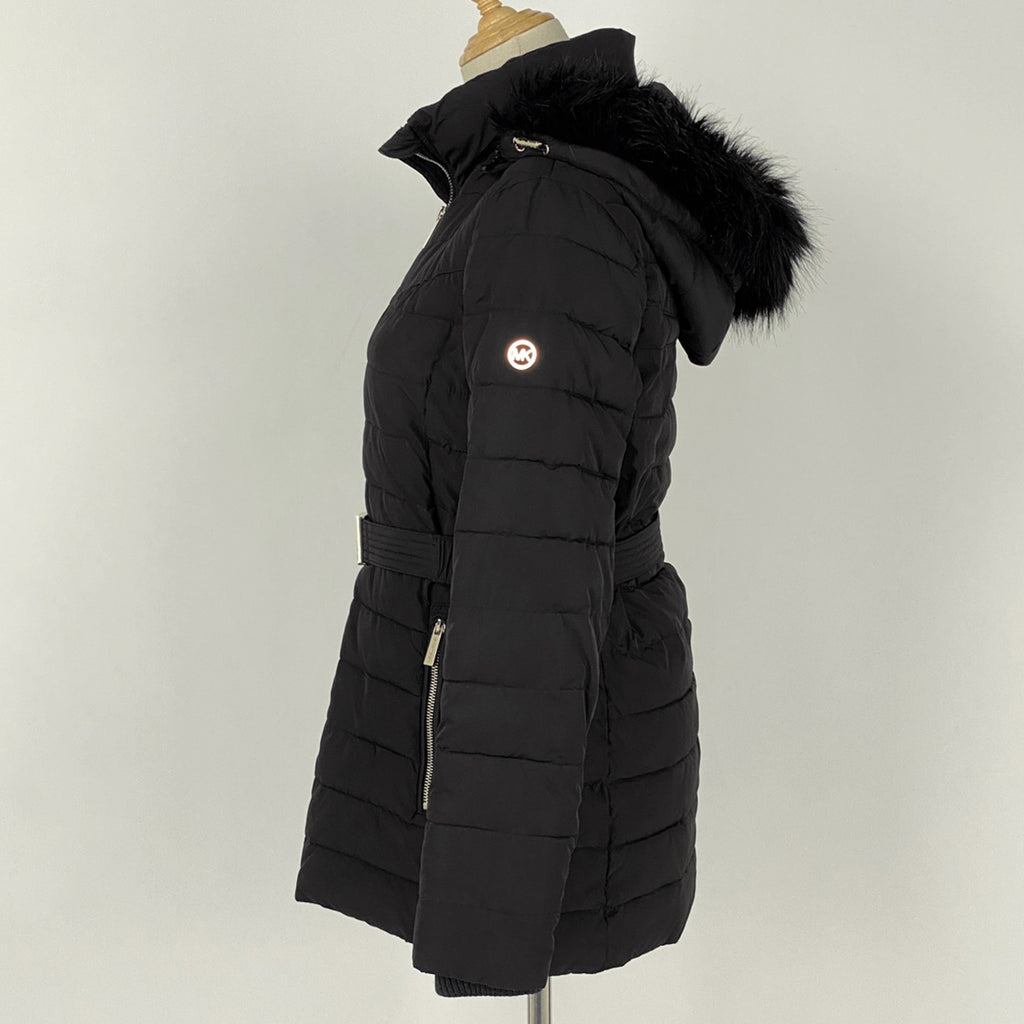 マイケルコース ジップアップ ジャケット フード ベルト付き フェイクファー アウター ブラック レディース 【中古】brapp