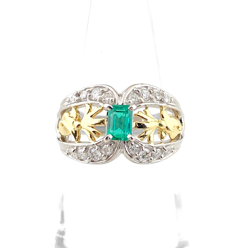 エメラルド デザインリング プラチナ YG イエローゴールド 指輪 メレダイヤ リング 11.5号 Pt900 K18 エメラルド レディース 【中古】nbjwl