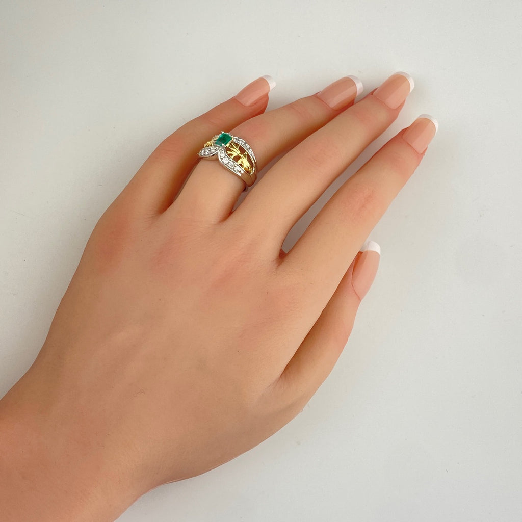 エメラルド デザインリング プラチナ YG イエローゴールド 指輪 メレダイヤ リング 11.5号 Pt900 K18 エメラルド レディース 【中古】nbjwl