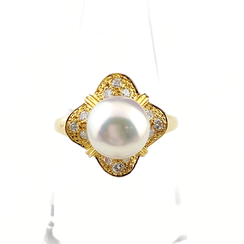 パール デザインリング YG イエローゴールド 指輪 メレダイヤ 真珠 リング 13号 K18 パール ダイヤモンド レディース 【中古】nbjwl