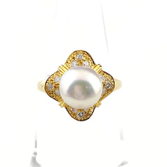 パール デザインリング YG イエローゴールド 指輪 メレダイヤ 真珠 リング 13号 K18 パール ダイヤモンド レディース 【中古】nbjwl