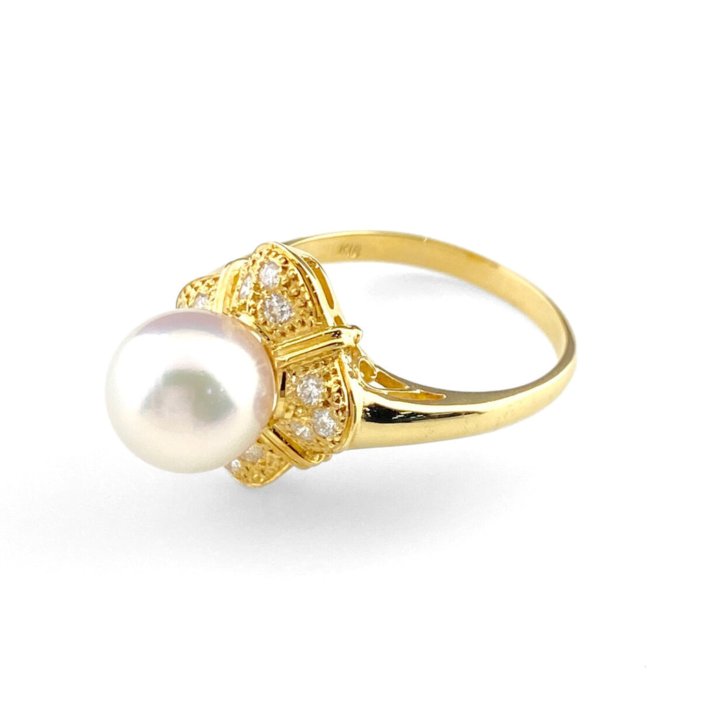 パール デザインリング YG イエローゴールド 指輪 メレダイヤ 真珠 リング 13号 K18 パール ダイヤモンド レディース 【中古】nbjwl