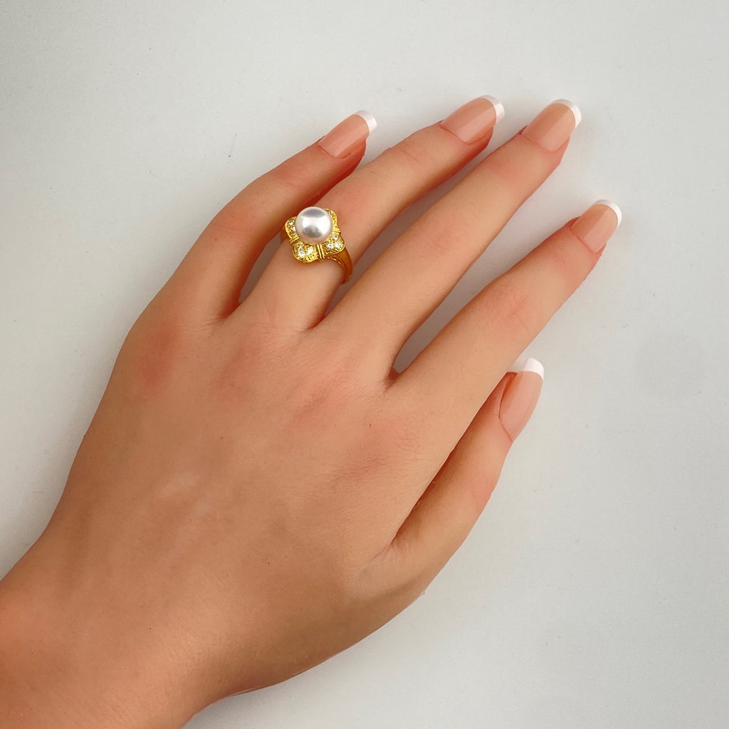 パール デザインリング YG イエローゴールド 指輪 メレダイヤ 真珠 リング 13号 K18 パール ダイヤモンド レディース 【中古】nbjwl