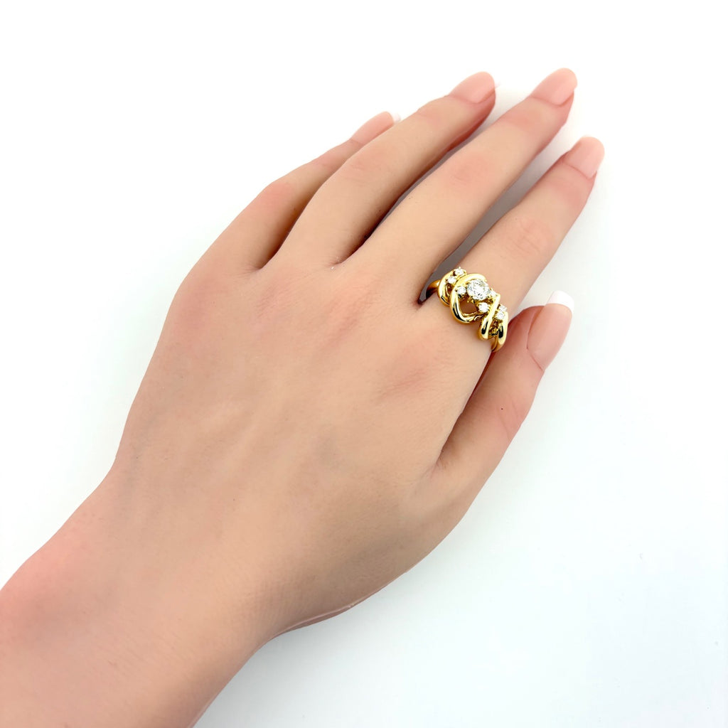 ダイヤモンド デザインリング YG イエローゴールド 指輪 メレダイヤ リング 14.5号 K18 ダイヤモンド レディース 【中古】nbjwl