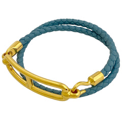 エルメス ルリ ドゥブルトゥール 腕輪 2連 ブレスレット GP レザー ゴールド ブルー レディース 【中古】bracc