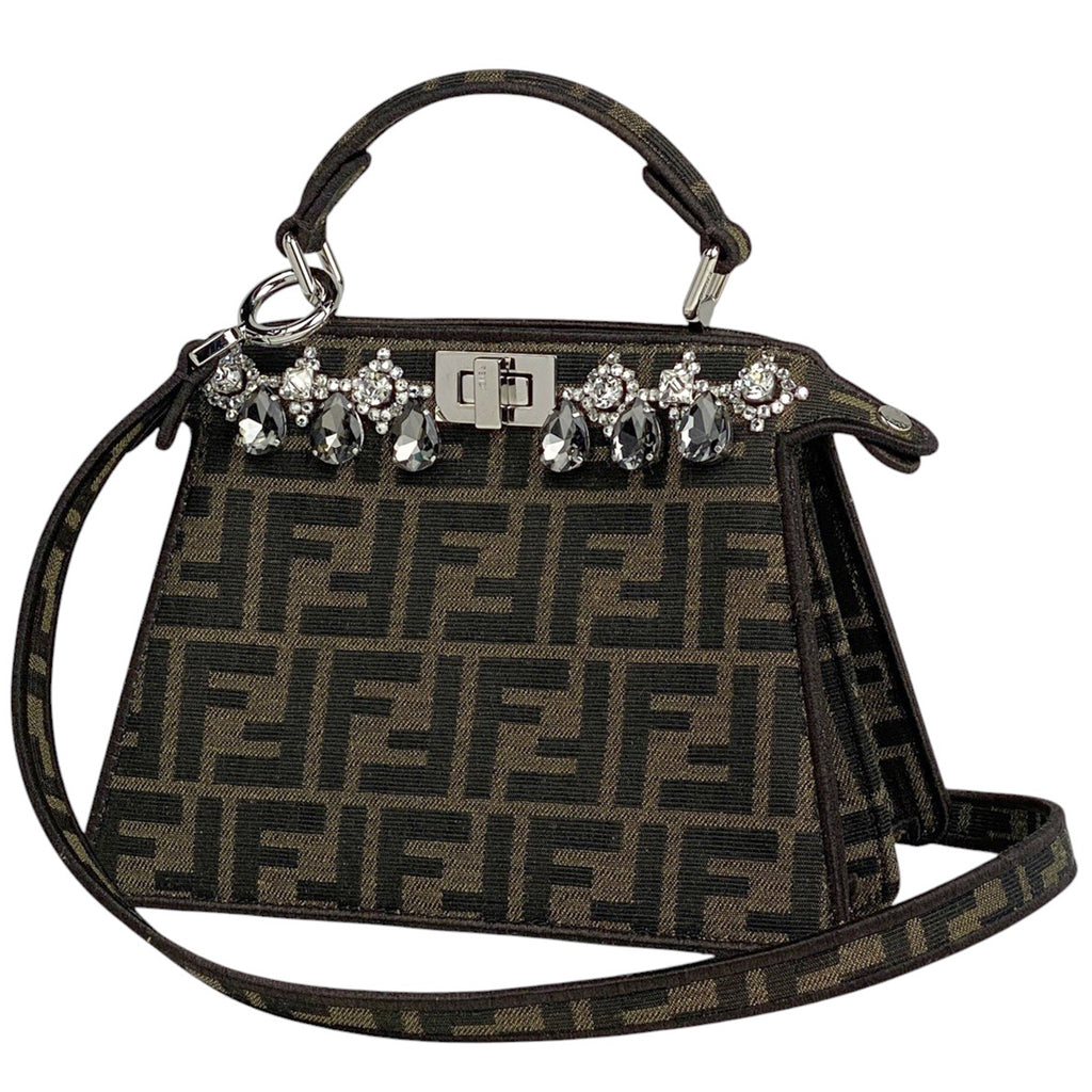 フェンディ ピーカブー プチ ハンドバッグ 2WAY ショルダーバッグ クリスタル刺繍 ズッカ柄 ハンドバッグ キャンバス ブラウン 8BN335 レディース 【中古】brbag