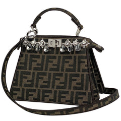 フェンディ ピーカブー プチ ハンドバッグ 2WAY ショルダーバッグ クリスタル刺繍 ズッカ柄 ハンドバッグ キャンバス ブラウン 8BN335 レディース 【中古】brbag