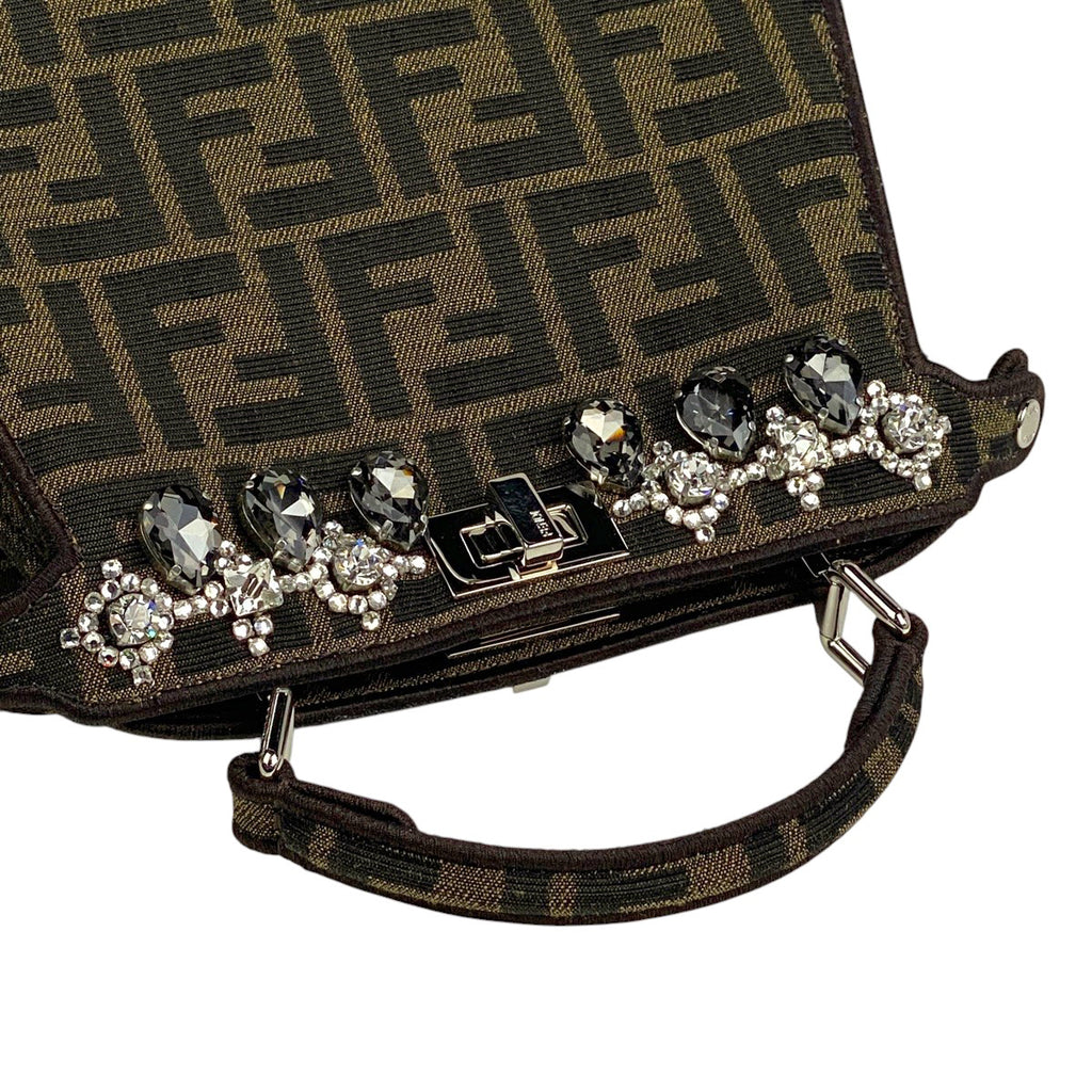 フェンディ ピーカブー プチ ハンドバッグ 2WAY ショルダーバッグ クリスタル刺繍 ズッカ柄 ハンドバッグ キャンバス ブラウン 8BN335 レディース 【中古】brbag