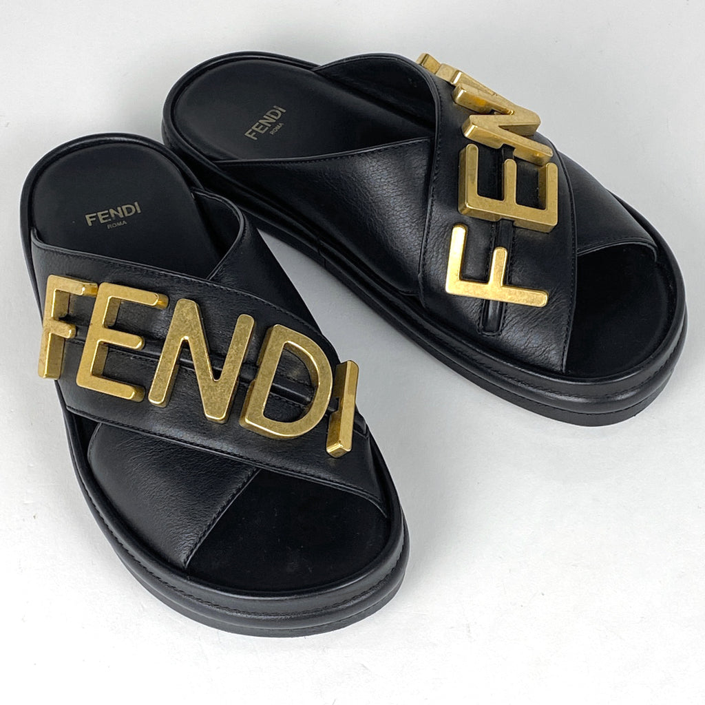 フェンディ ロゴ サンダル フラットサンダル 靴 サンダル レザー ブラック レディース 【中古】brapp