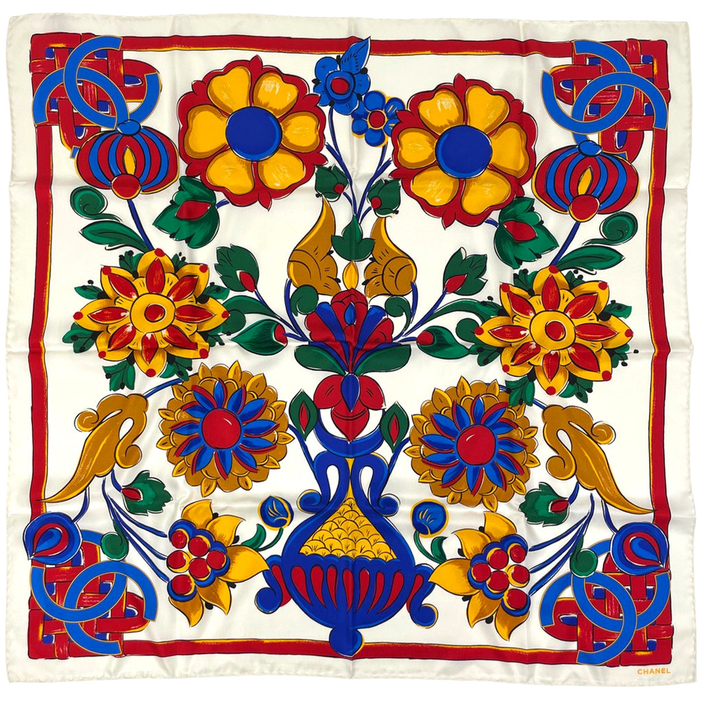 シャネル フラワー柄 スカーフ 花柄 ココマーク スカーフ シルク ホワイト マルチカラー レディース 【中古】brbag