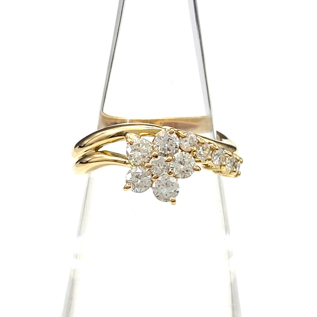 フラワーモチーフ デザインリング YG イエローゴールド メレダイヤ 指輪 リング 8号 K18 ダイヤモンド レディース 【中古】nbjwl