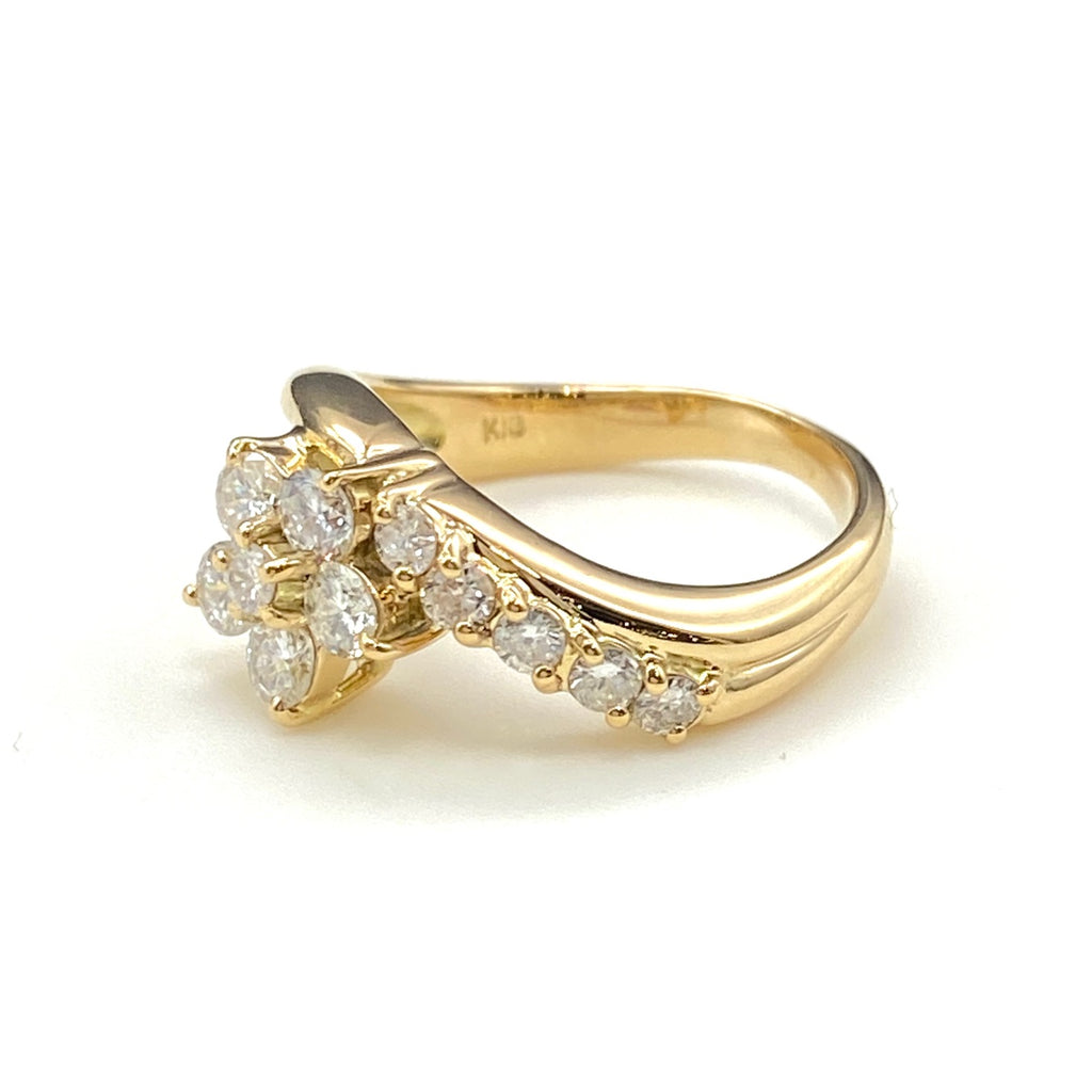 フラワーモチーフ デザインリング YG イエローゴールド メレダイヤ 指輪 リング 8号 K18 ダイヤモンド レディース 【中古】nbjwl