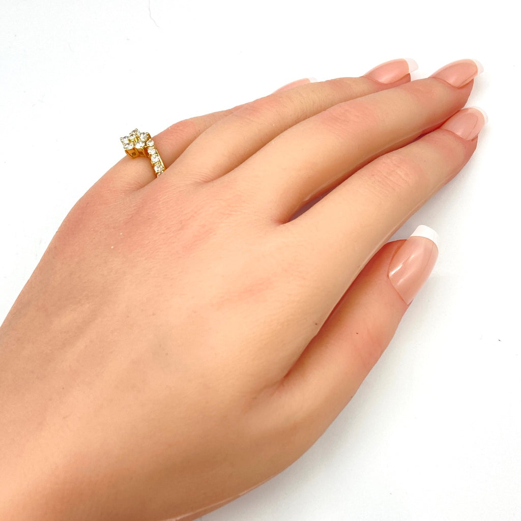 フラワーモチーフ デザインリング YG イエローゴールド メレダイヤ 指輪 リング 8号 K18 ダイヤモンド レディース 【中古】nbjwl