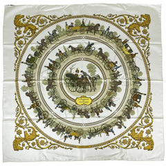 エルメス カレ 90 LA PROMENADE DE LONGCHAMPS ロンシャンへの散歩 馬車 スカーフ スカーフ シルク ホワイト マルチカラー レディース 【中古】brbag