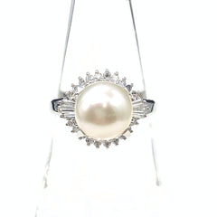 パールデザインリング プラチナ 指輪 真珠 メレダイヤ リング 16.5号 Pt900 パール ダイヤモンド レディース 【中古】nbjwl