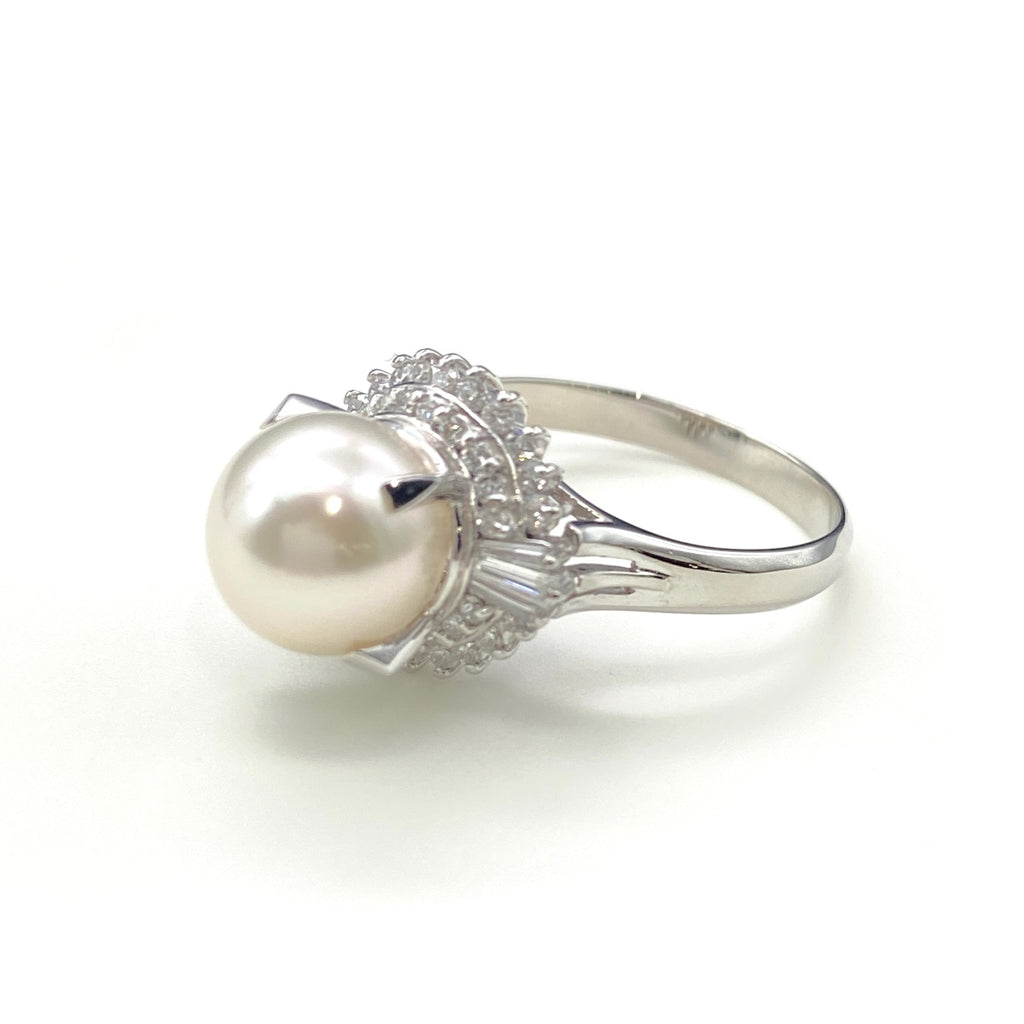 パールデザインリング プラチナ 指輪 真珠 メレダイヤ リング 16.5号 Pt900 パール ダイヤモンド レディース 【中古】nbjwl