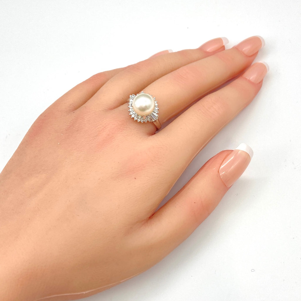 パールデザインリング プラチナ 指輪 真珠 メレダイヤ リング 16.5号 Pt900 パール ダイヤモンド レディース 【中古】nbjwl