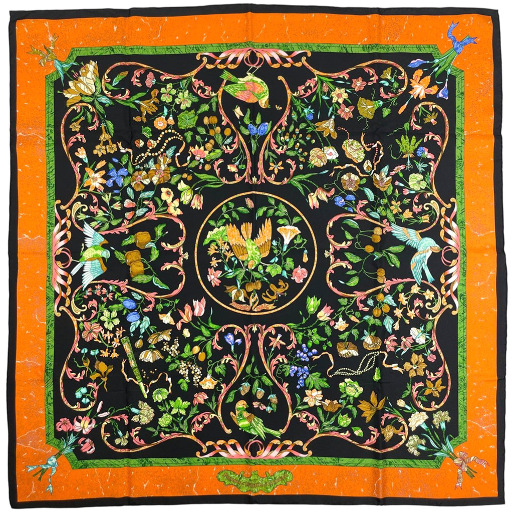 エルメス カレ 90 PiERRES d' ORiENT et d' OCCiDENT 東洋の石と西洋の石細工 鳥 花 果実 果物 スカーフ シルク ブラック オレンジ マルチカラー レディース 【中古】brbag