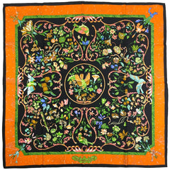 エルメス カレ 90 PiERRES d' ORiENT et d' OCCiDENT 東洋の石と西洋の石細工 鳥 花 果実 果物 スカーフ シルク ブラック オレンジ マルチカラー レディース 【中古】brbag