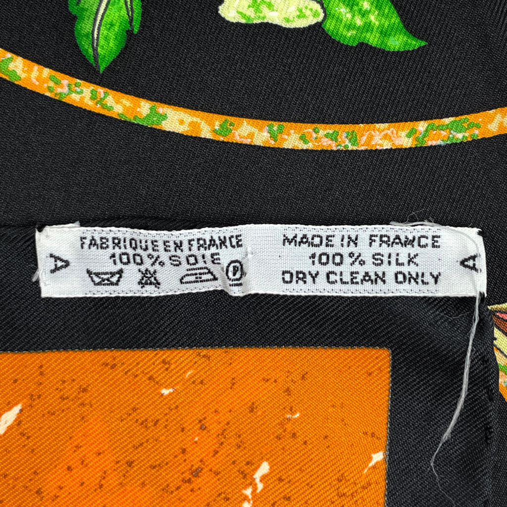 エルメス カレ 90 PiERRES d' ORiENT et d' OCCiDENT 東洋の石と西洋の石細工 鳥 花 果実 果物 スカーフ シルク ブラック オレンジ マルチカラー レディース 【中古】brbag