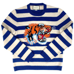 グッチ ボーダー ニット タイガーヘッド ロゴ トップス セーター 毛 ベージュ ブルー メンズ 【中古】brapp