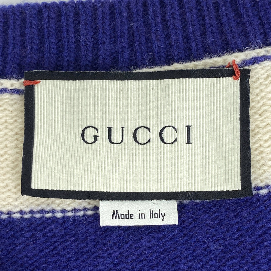 グッチ ボーダー ニット タイガーヘッド ロゴ トップス セーター 毛 ベージュ ブルー メンズ 【中古】brapp