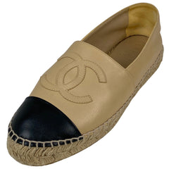 シャネル エスパドリーユ スリッポン ココマーク 麻 靴 スリッポン レザー ベージュ ブラック レディース 【中古】brapp