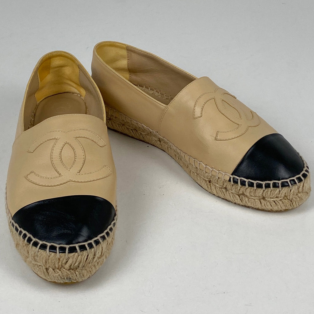 シャネル エスパドリーユ スリッポン ココマーク 麻 靴 スリッポン レザー ベージュ ブラック レディース 【中古】brapp