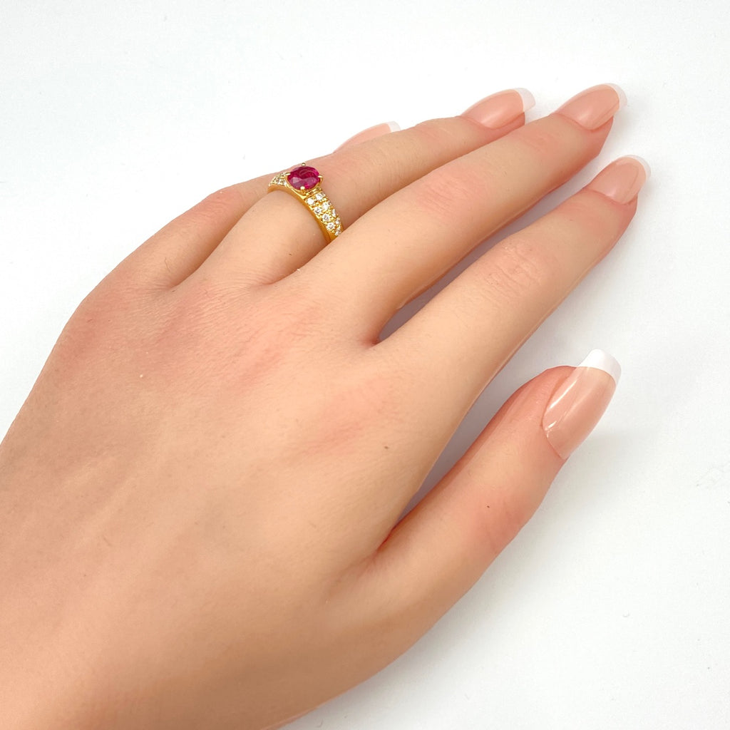 ルビー デザインリング YG イエローゴールド 指輪 メレダイヤ リング 11.5号 K18 ルビー ダイヤモンド レディース 【中古】nbjwl