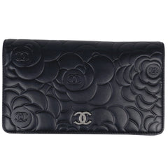 シャネル ココマーク 二つ折り 長財布 カメリア 長財布 レザー ブラック レディース 【中古】brbag