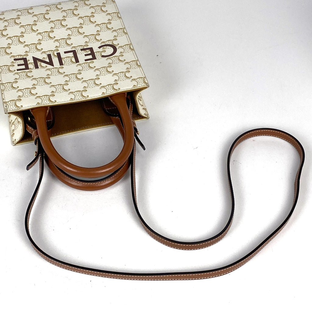 セリーヌ ミニ バーティカル カバ トリオンフ 2WAY ショルダーバッグ ハンドバッグ コーティングキャンバス ホワイト レディース 【中古】brbag