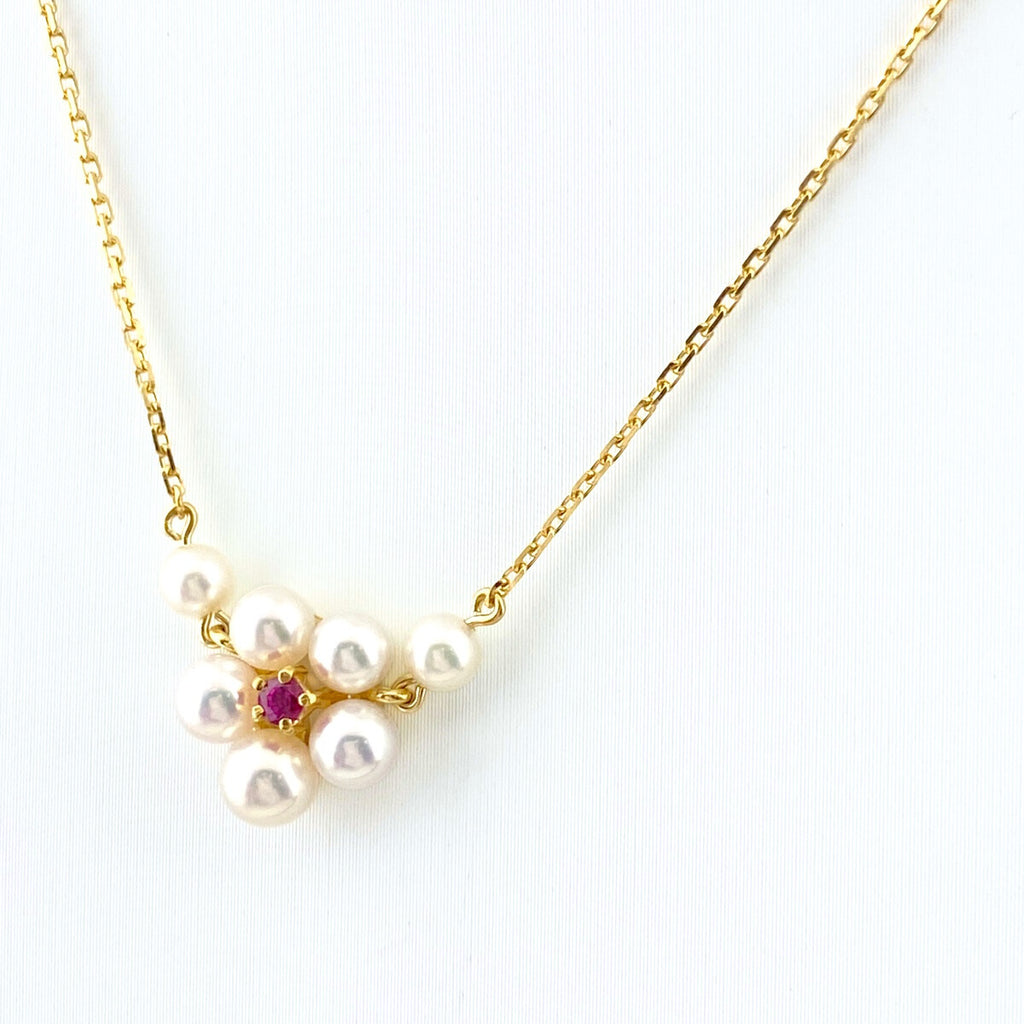 ミキモト フラワーモチーフ デザインネックレス YG イエローゴールド ペンダント パール 真珠 花 ネックレス K18 パール ルビー レディース 【中古】brjwl