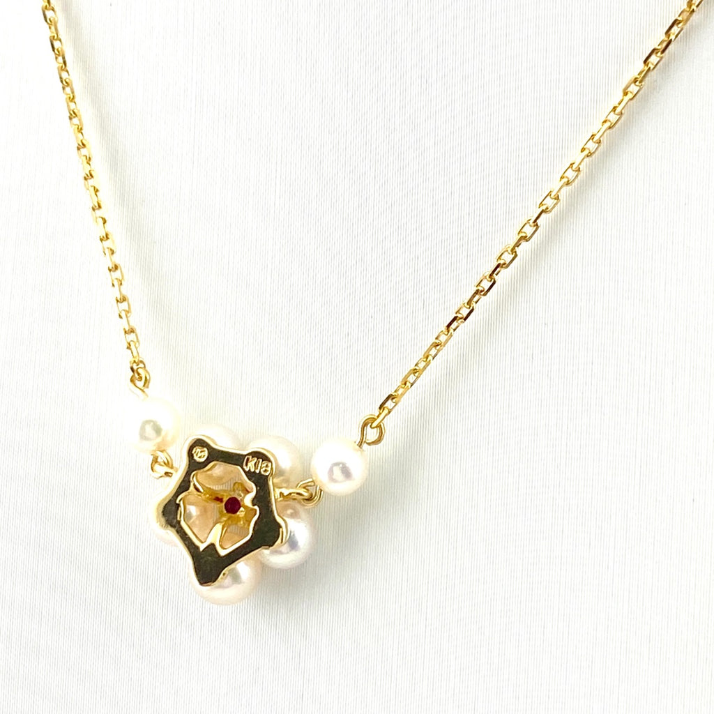 ミキモト フラワーモチーフ デザインネックレス YG イエローゴールド ペンダント パール 真珠 花 ネックレス K18 パール ルビー レディース 【中古】brjwl